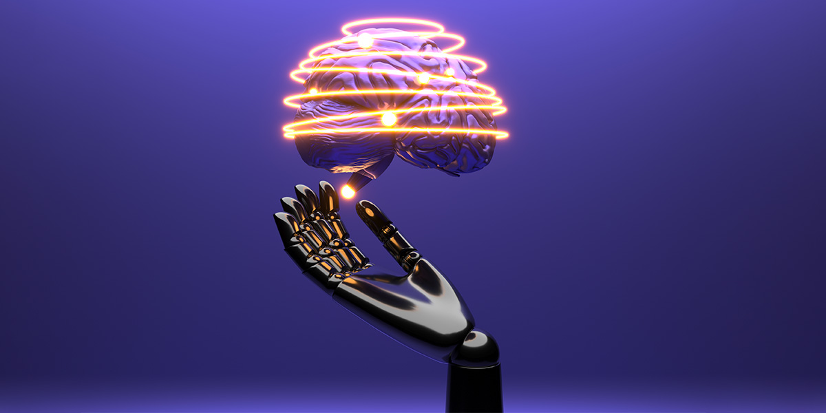 Cérebro humano, com raios de luz, flutuando por cima de uma mão robótica. Fazendo alusão a Inteligência Artificial.