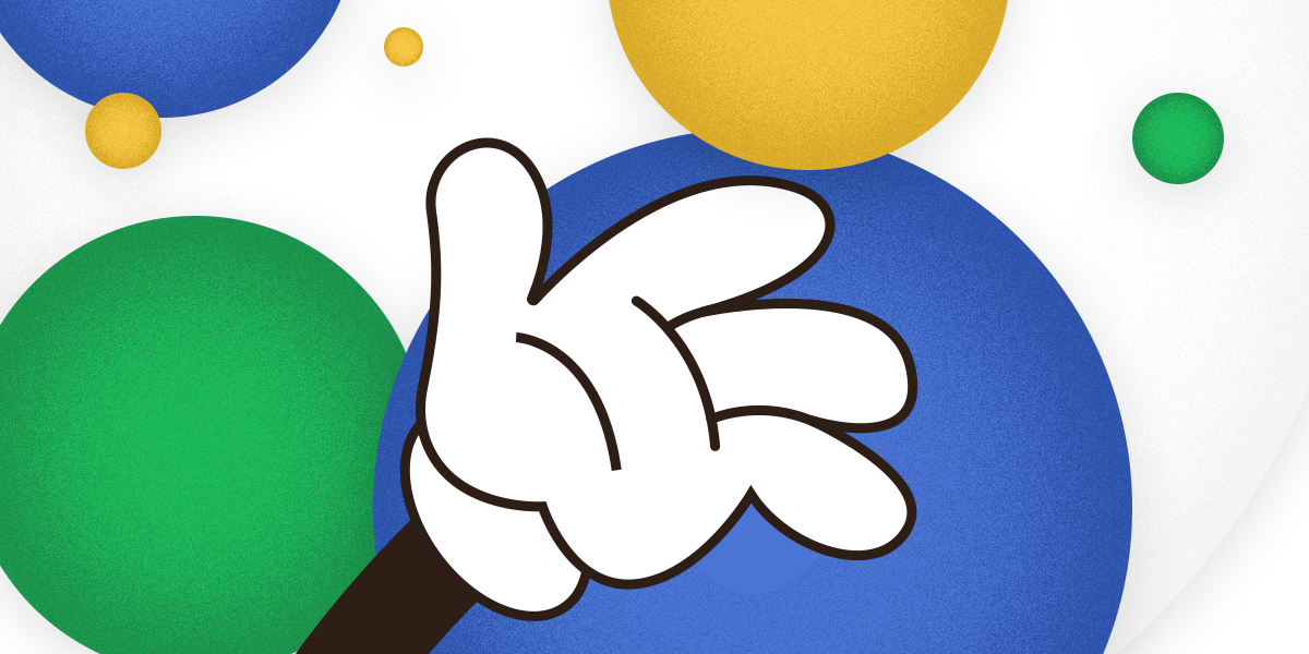 Mão do Mickey com fundo branco, azul, amarelo e verde, texto sobre domínio público.